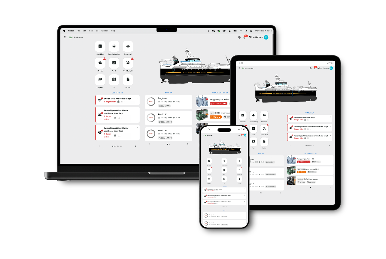 Bildet viser en laptop, et nettbrett og en mobiltelefon med brukergrensesnitt fra Norseye Appen.
